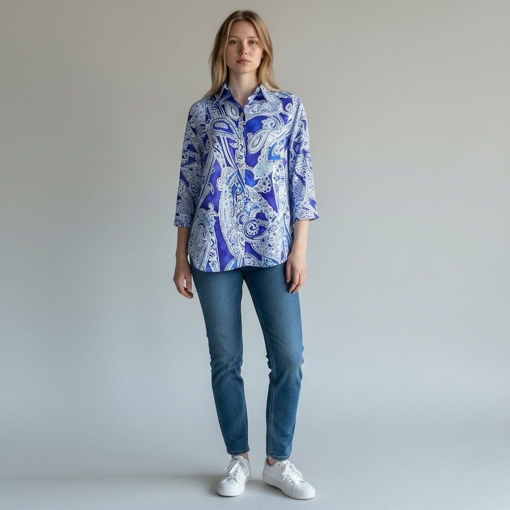 Lauren Ralph Lauren Women's XL Blue Paisley Tunic Shirt Coastal Boho Cotton